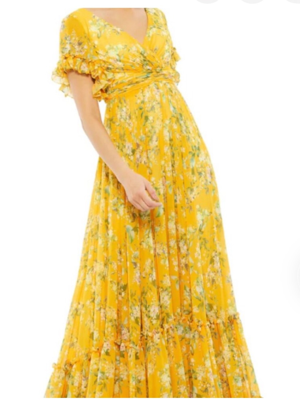 Mac Duggal Yellow Multicolor Flounce Sleeve Floral Maxi Dress 14